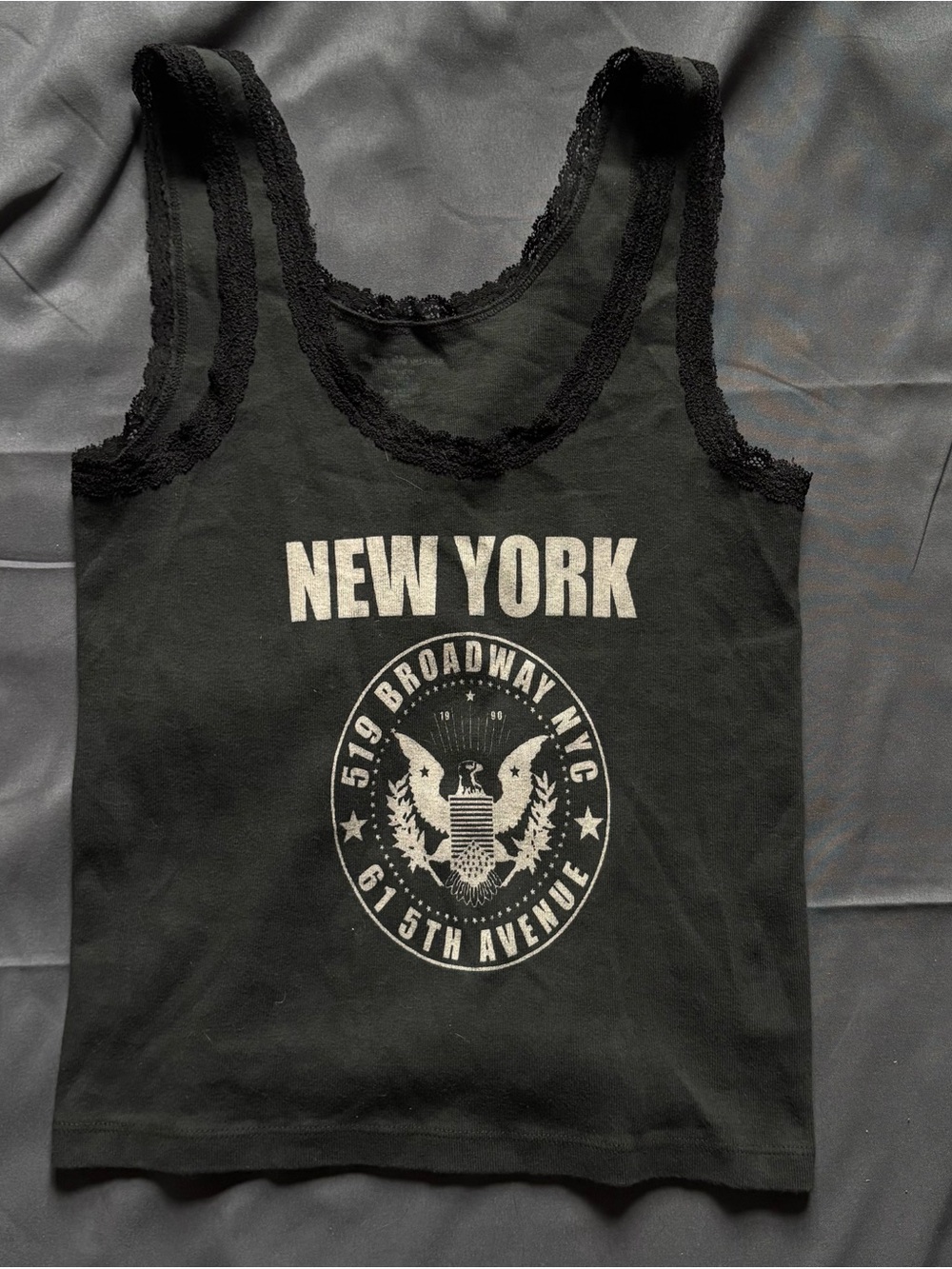 New York Graphic Lace-Trim Tank Top - Black